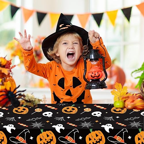 Miniatura 7 de Paquete de 4 manteles rectangulares de plástico con diseño de fantasma y calabaza de Halloween, 54 x 108 pulgadas, manteles de mesa de Halloween