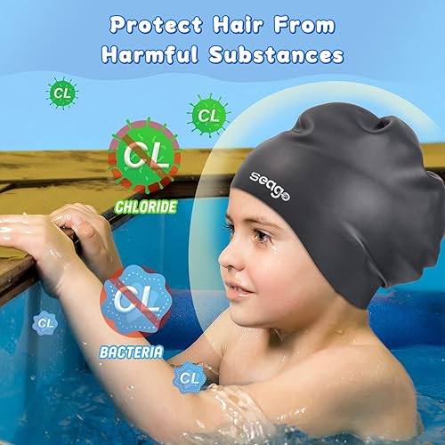 Miniatura 4 de Seago Gorro de natación de pelo largo para niños y jóvenes, de silicona, impermeable, para niñas y niños