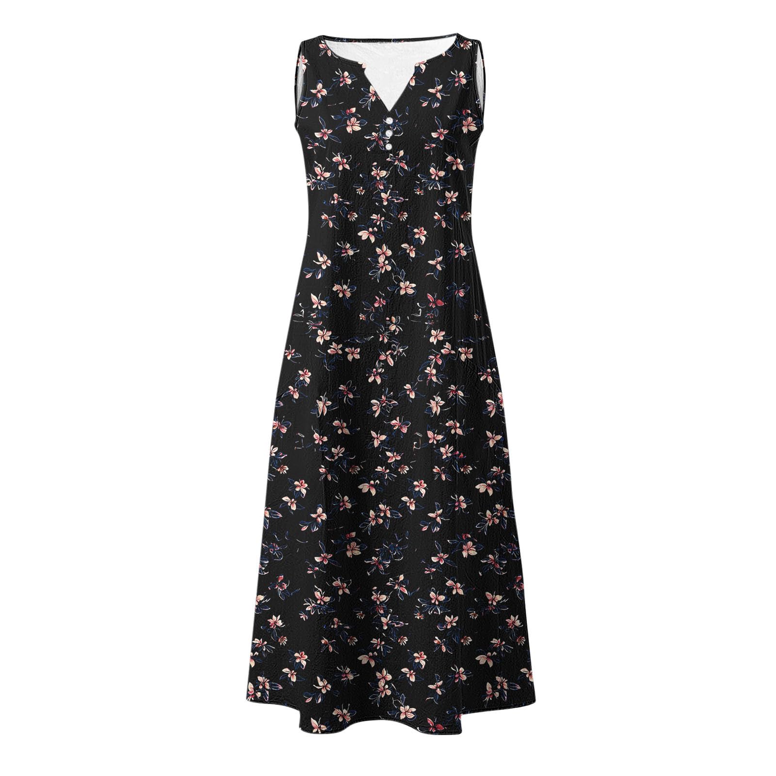 Summer Floral Print Midi Dresses for Women Boho Sleeveless V Neck Tank Dress Beach Vacation Sundress with Pockets — view 4