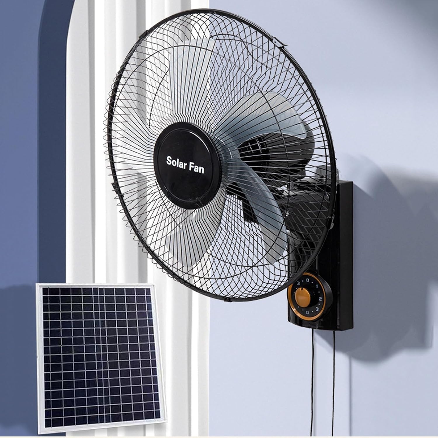 Outdoor Wall Mount Solar Fan 90° Oscillating Fans with Remote Control, 5 Blades 3 Speeds Solar Panel, Power Adapter for Home Garage Gym