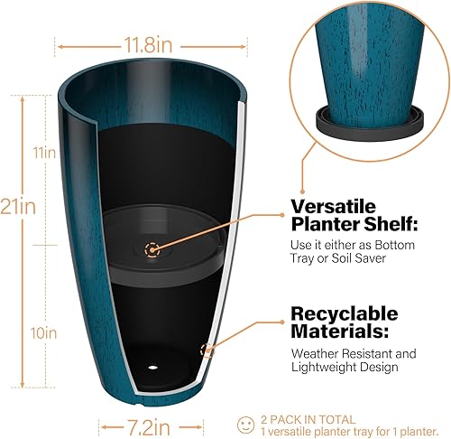 Miniatura 3 de ZMTECH Macetas de 21 pulgadas de alto para plantas al aire libre, juego de 2 macetas grandes para exteriores redondas, macetas de plástico con