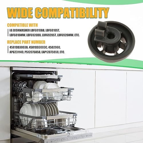 Miniatura 5 de Paquete de 4 ruedas inferiores para lavavajillas 4581DD3003B, reemplazo de rodillo inferior para LG, reemplazo 4581DD3003C, 4581DD9002B, 1372292,