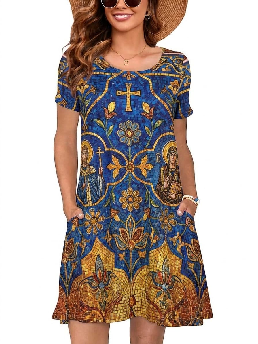 Heymoments Summer Dresses for Women Short Sleeve Crewneck Swing Sundress Casual A-Line Flowy Dress with Pockets S-2XL