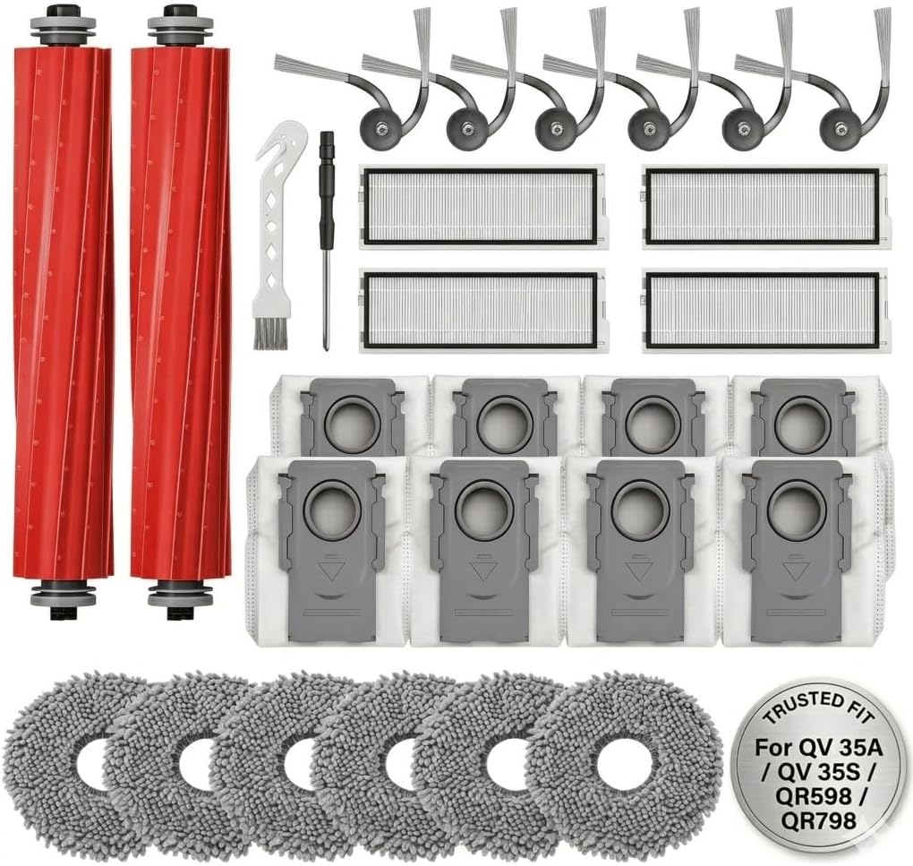 LOVECO Replacement Parts for Roborock QV35A QV35S Qrevo S Pro, 28 PCS | 2 Rubber Roller Brush, 4 HEPA Filter, 6 Side Brush, 6 Mop Pads, 8 Dust Bags, 2 Tools, Accessory Kit for QR598 QR798