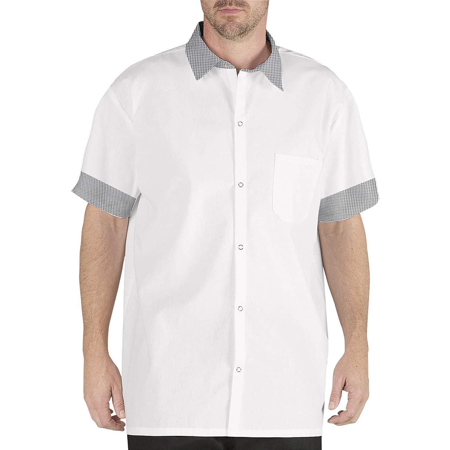 Chef Code Men's Kitchen Basic Cook Shirt with Trim Detail, White/Houndstooth, Small