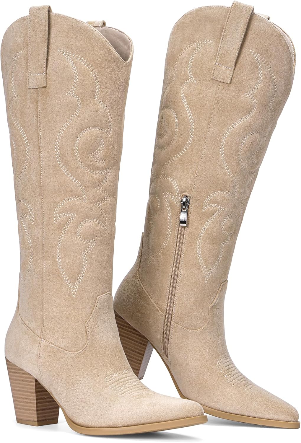 Pasuot Suede Cowboy Boots for Women - Beige Western Knee High Cowgirl Boots with Side Zipper, Country Pointed Toe Tall Block Heel Pull On Long Boot Fall Winter Concert Rodeo Festival Daily Size 7 - Image 5