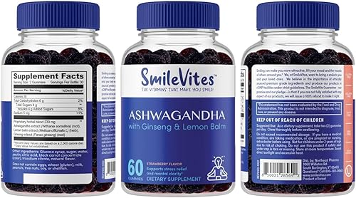 Miniatura 2 de SmileVites Ashwagandha - Gomitas con ginseng y bálsamo de limón suplemento para aliviar el estrés el estado de ánimo y la claridad mental sin gluten