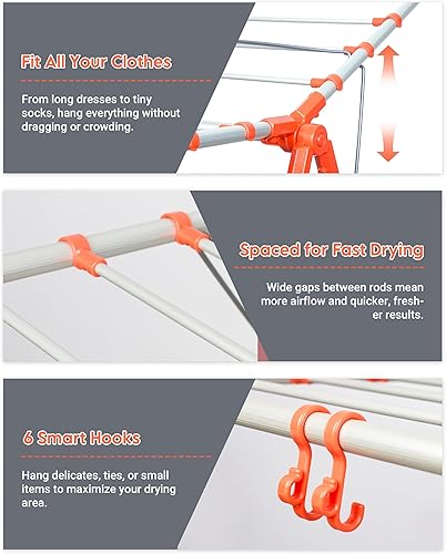 Miniatura 4 de Tendedero de secado de ropa de 2 niveles  Estante de secado de ropa plegable de altura ajustable con ganchos, diseño de metal resistente resistente