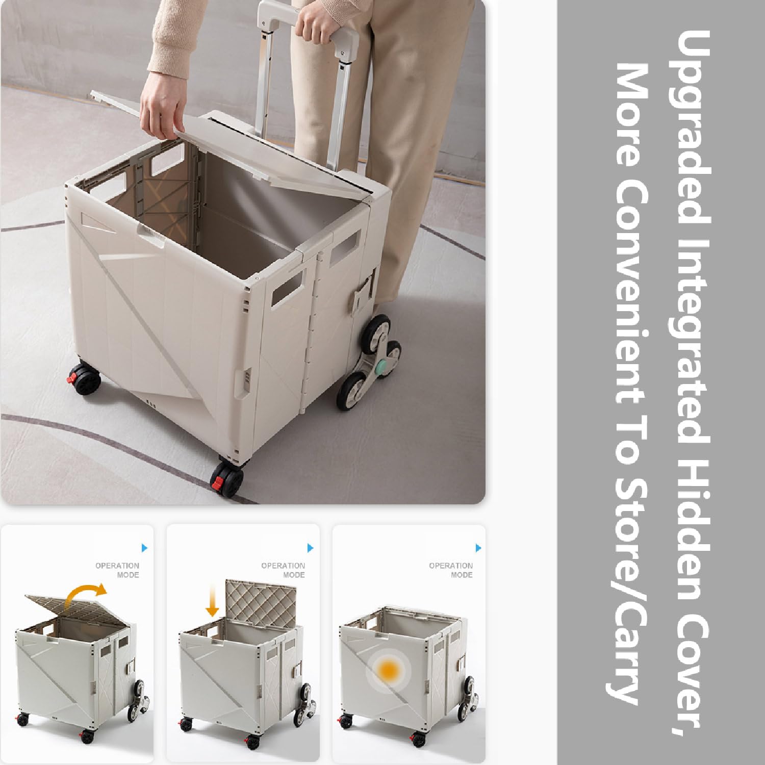 Carrello portaoggetti Pieghevole Beige con Ruote per Salire Le Scale - Cassa portaoggetti da 70 Litri per Viaggi, Shopping, traslochi e Ufficio - Maniglia telescopica per Una Facile manovrab