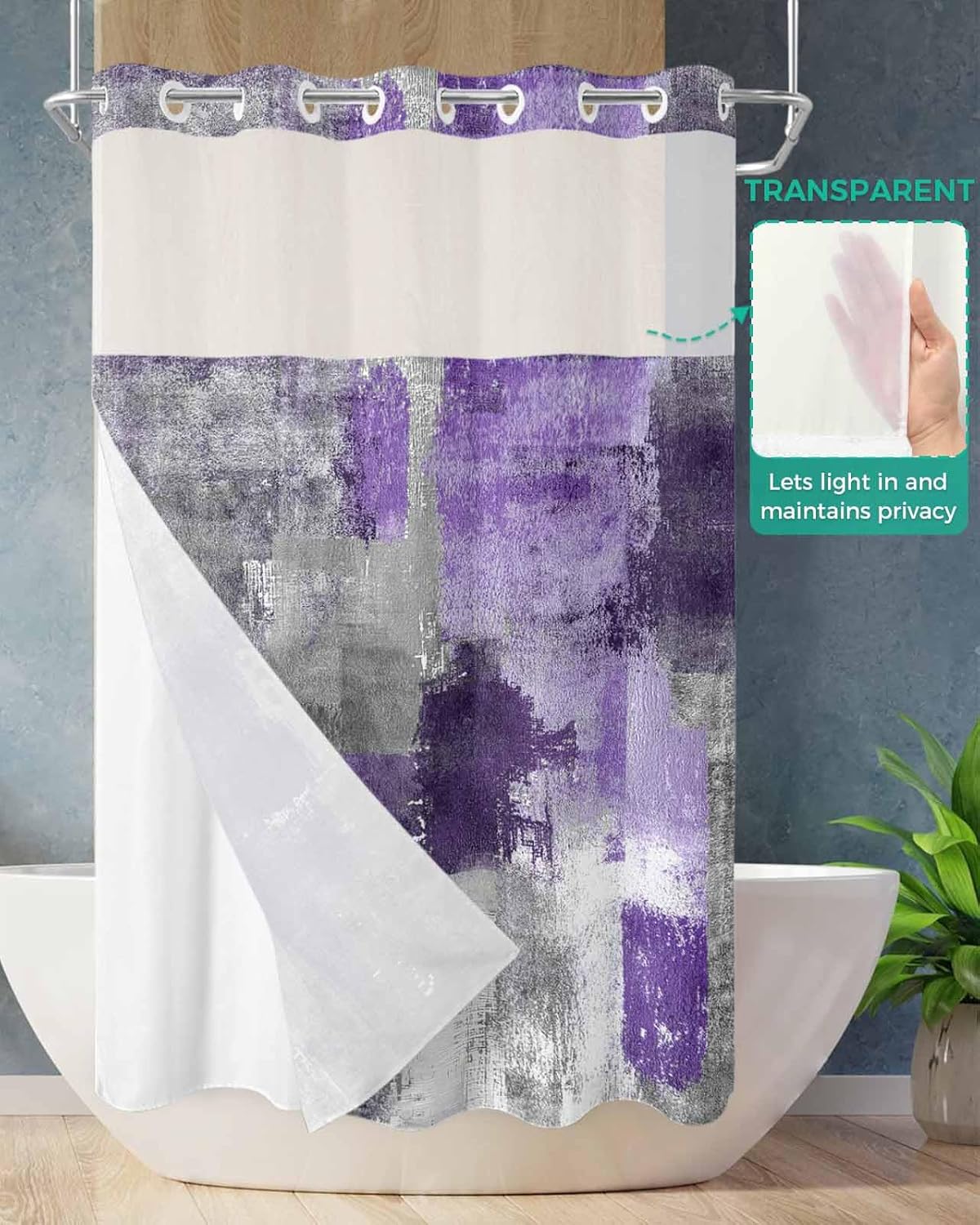 No Hook Shower Curtain with Snap in Fabric Liner Set-Abstract Purple Grey Smear Graffiti Bathroom Curtains with See Through Mesh Top Window,Oil Painting Art Waterproof Double Shower Curtain 36x78In