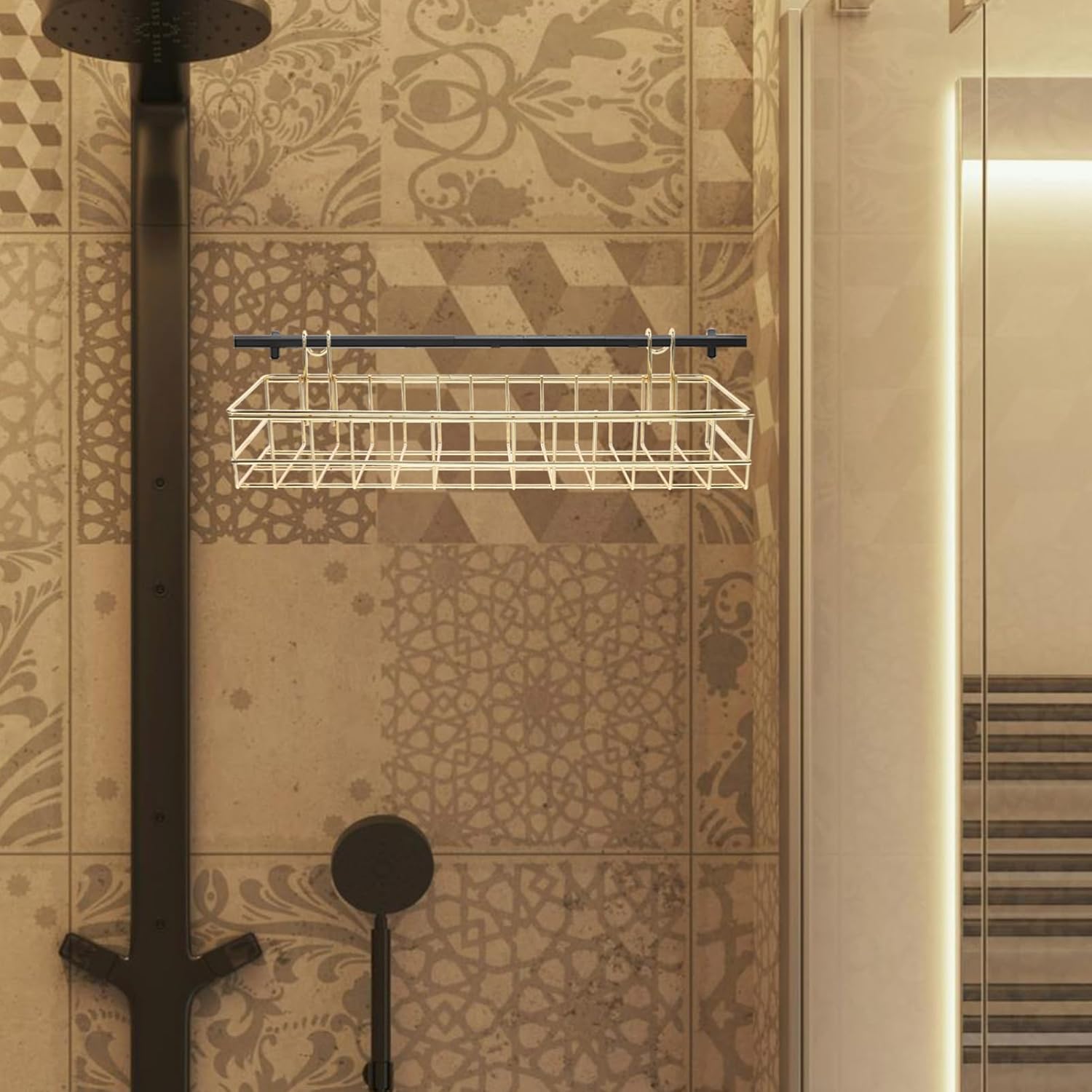 2Pcs Gold Wire Wall Mounted Baskets with Hooks Grid Storage Shelf for Home Organization and Sturdy Wire Display Rack for Wall Decor Easy Installation