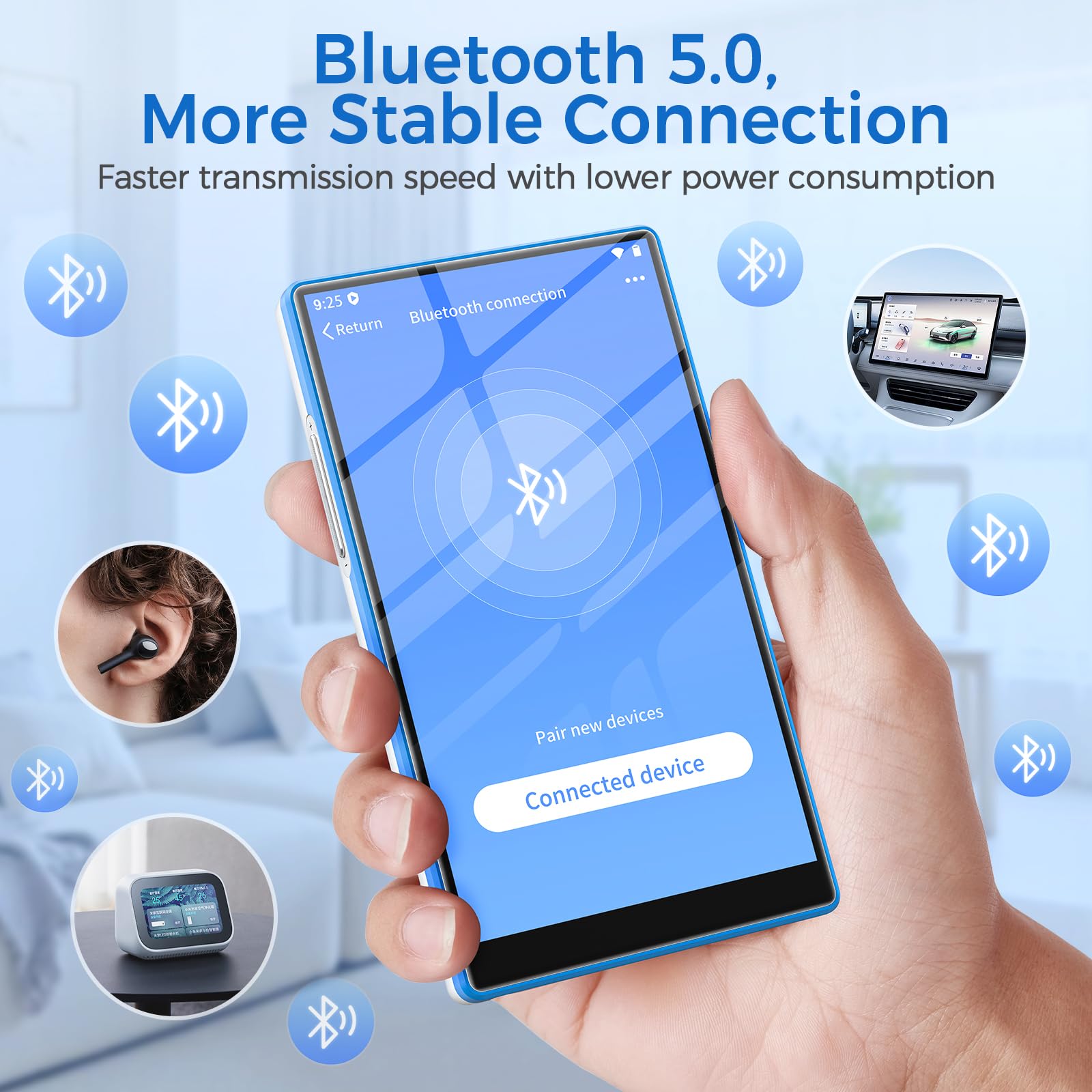Lecteur MP3 avec Bluetooth et WiFi, Android 13 Lecteur MP4 avec Écran Tactile de 5 Pouces et Haut-parleurs, 96Go Baladeur MP3 avec Spotify, Deezer, Amazon Music, Bleu & Blanc