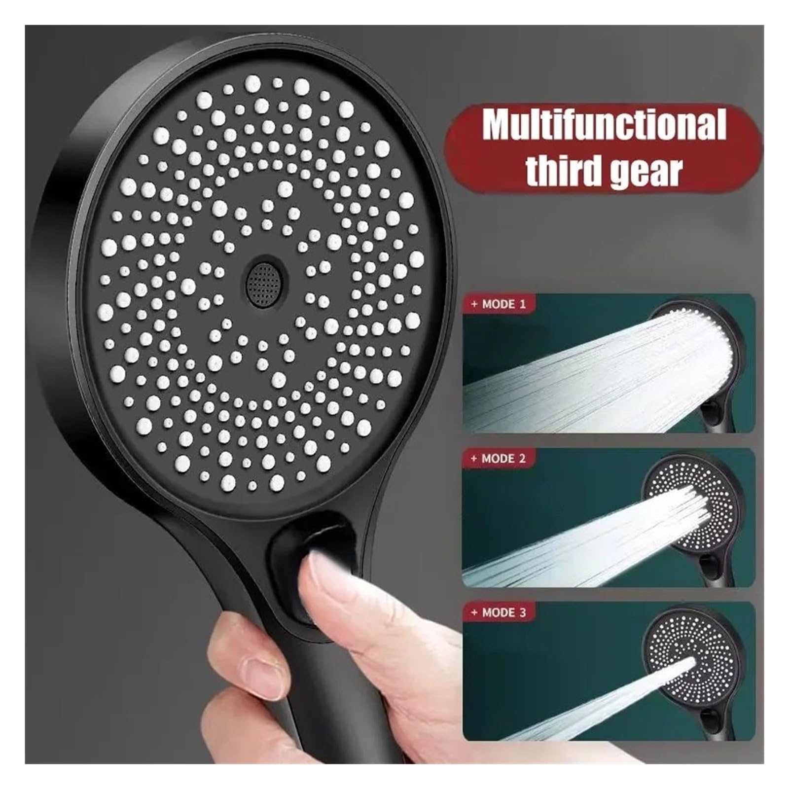 Soffione doccia a grande schermo, ugello portatile con modalità spruzzo a 3 velocità(Grey set)