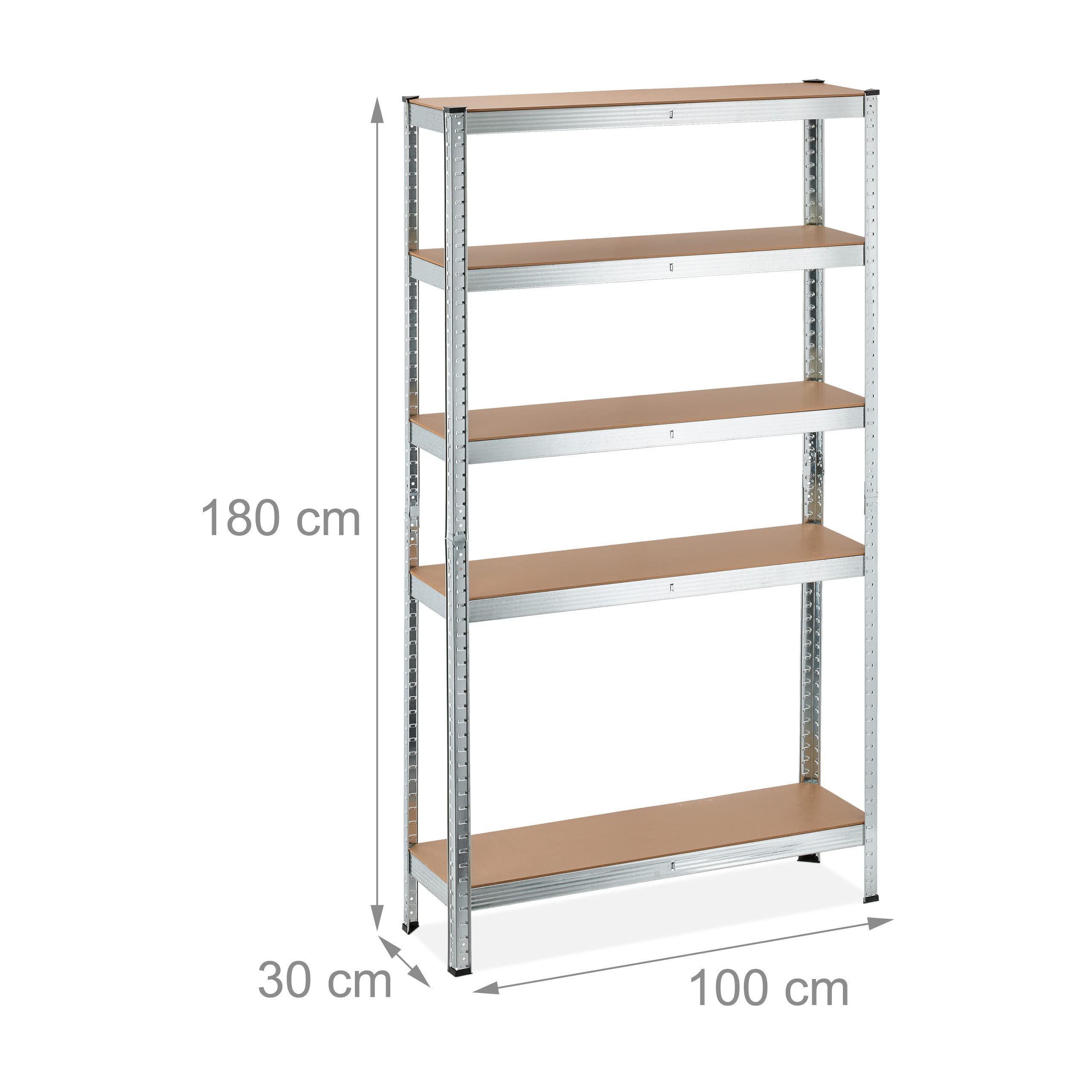 Relaxdays Estantería Metálica Industrial, 5 Baldas, 180x100x30 cm, Resiste 1.250 kg, Taller, Garaje o Sótano, Plateado