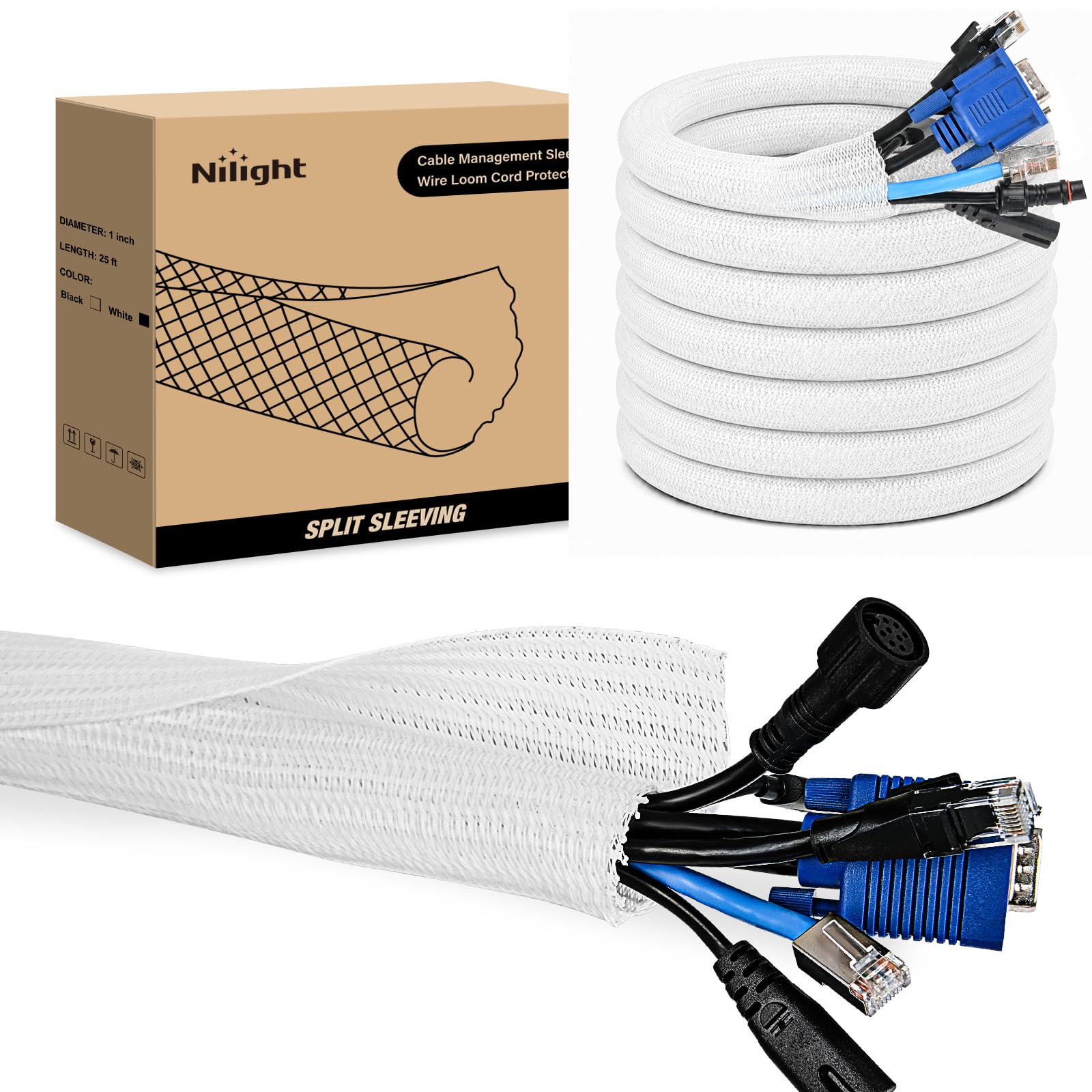 Nilight Cable Sleeve,25ft-1inch Cord Management Sleeves White Wire Loom