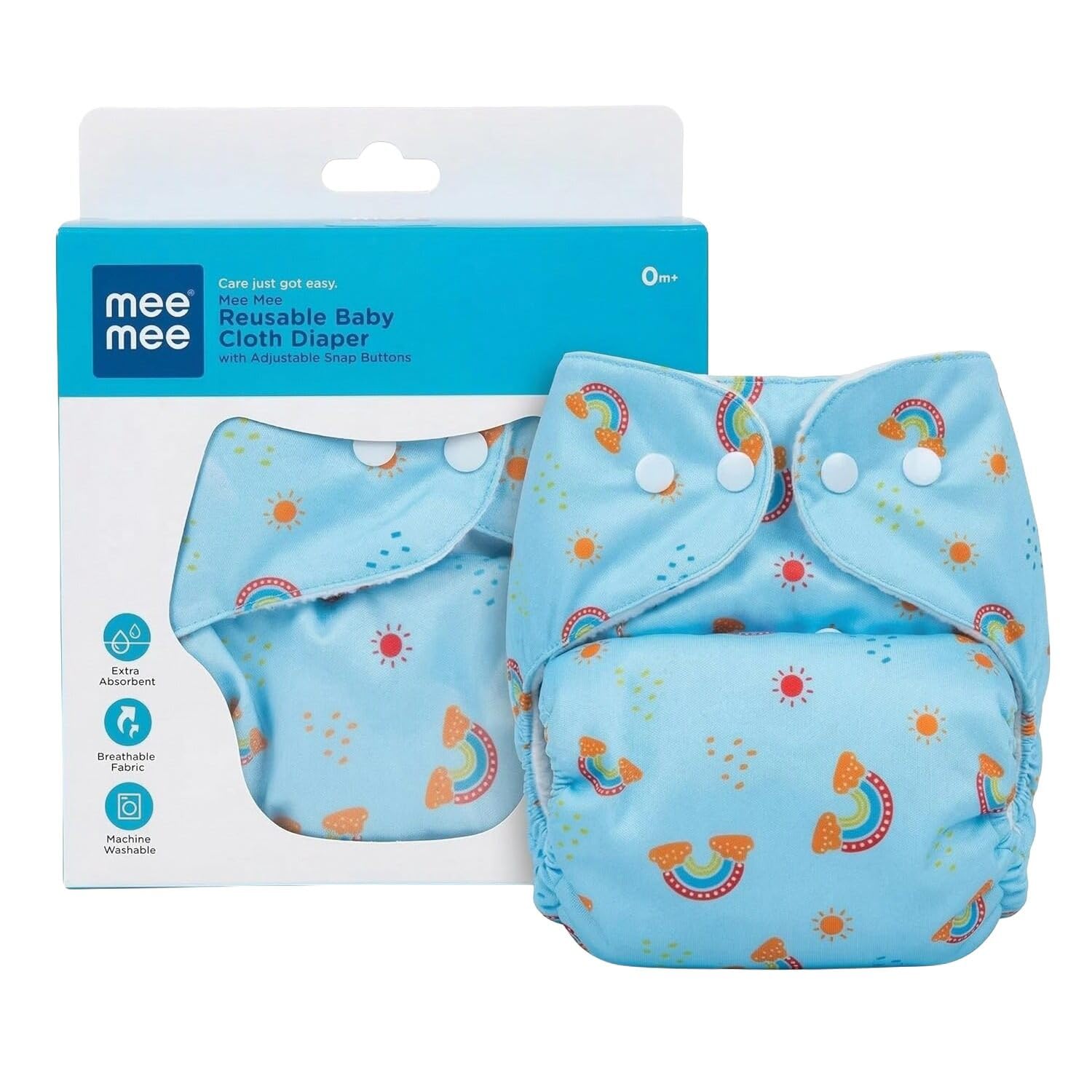 mee mee reusable baby cloth diaper, double leak guard, high absorption, quick dry, stain-proof comfort & protection, 3m+, adjustable waist & height with snap buttons, absorbent insert