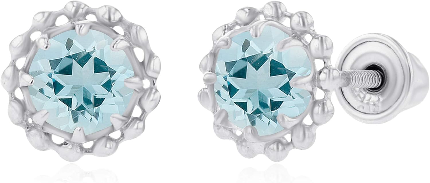 Solid 14K Gold 6mm Textured Halo Natural Birthstone Screwback Stud Earrings For Women | 4mm Round Birthstone | 14K Gold Halo Textured Screwback Earrings For Women