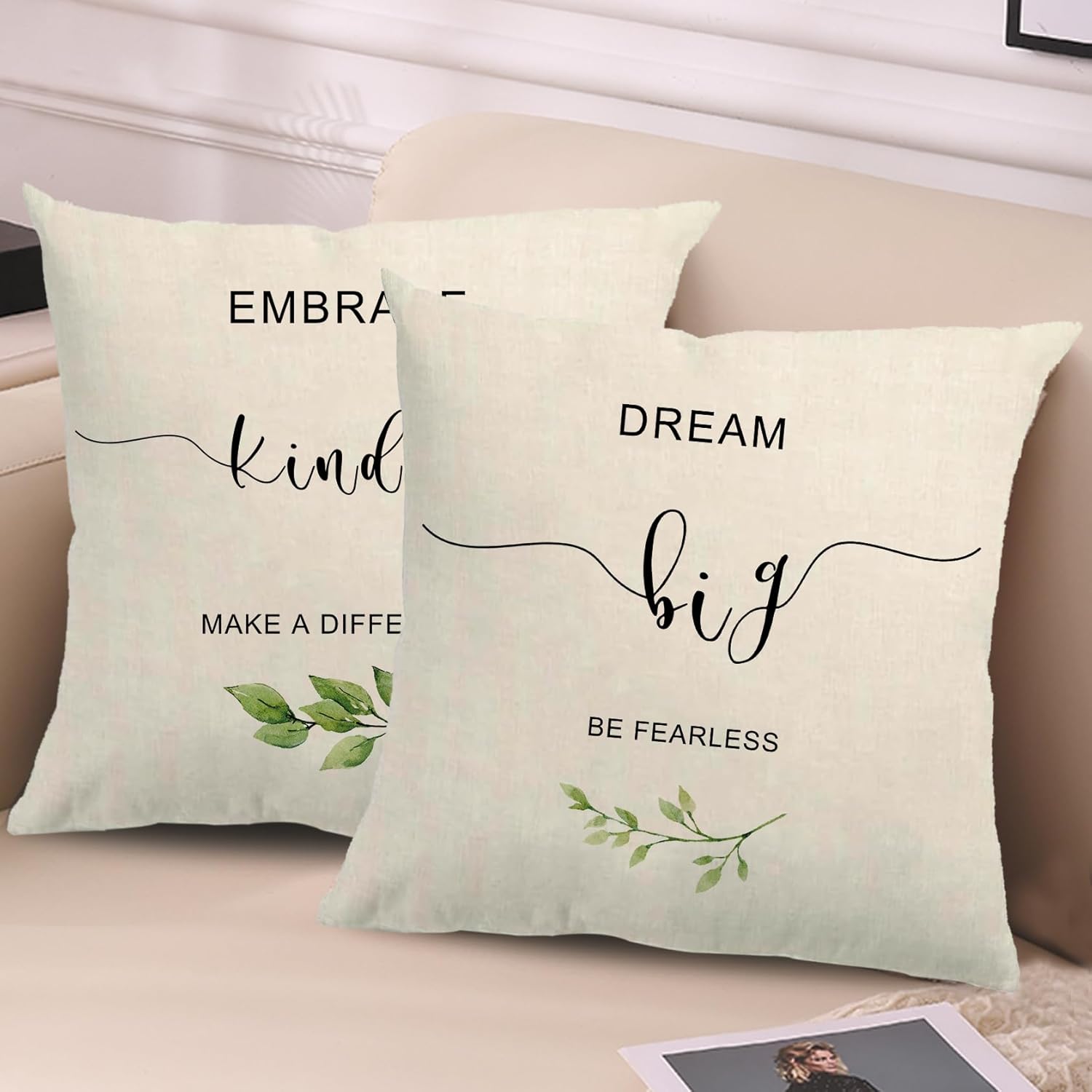 7COLORROOM 4Pack Inspirational Quotes Pillow Covers Double-Sided Printed Encouraging Saying Words with Green Leaves Cushion Cover Farmhouse Home Decor Pillowcases 18”×18”for Housewarming Gifts - Image 4