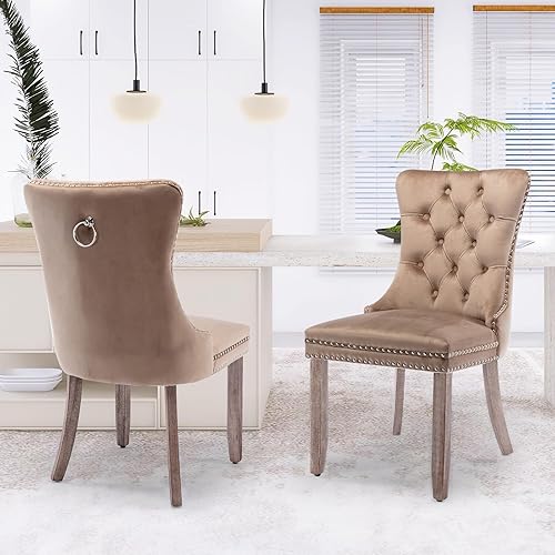 Miniatura 83 de Juego de 6 sillas de comedor de terciopelo, sillas de comedor tapizadas acolchadas con ribete de tachuelas y patas de madera maciza para cocina,