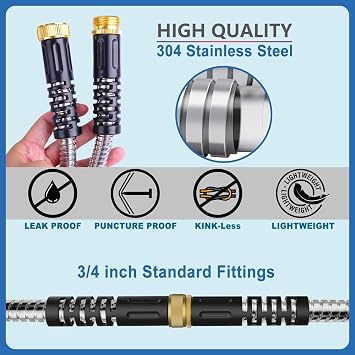 6ft Metal Garden Hose, Short Metal Hose with Female to Male Fitting, Water Lead-in Hose Extension, Stainless Steel Hose Extension Adapter for Hose Reel/RV, Durable, Flexible, Lightweight