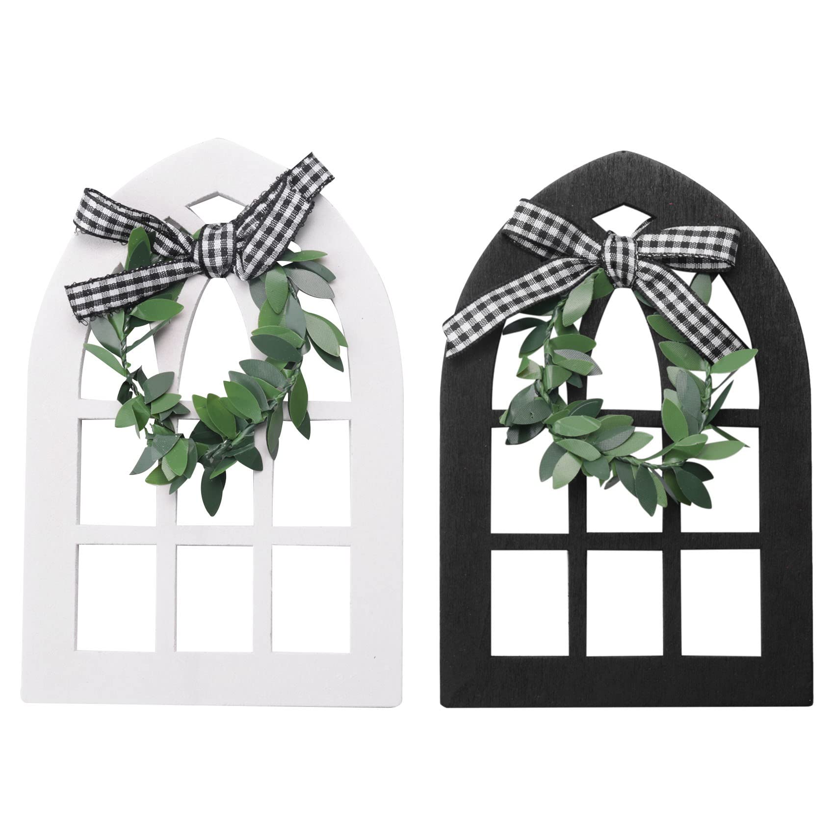 CTRLZS 2Pcs Wooden Farmhouse Window Tiered Tray Decoration Plaid Rustic Farmhouse Decor Cathedral Arch Window Shelf Photo Prop