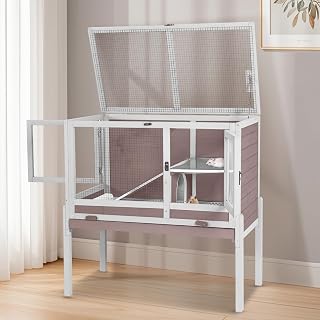 JQC Two-Story Wooden Guinea Pig Cage Hutch Indoor - Rabbit Habitat with Ramp, Removable Stand, Pull-Out Tray & Mesh (Brown/White)