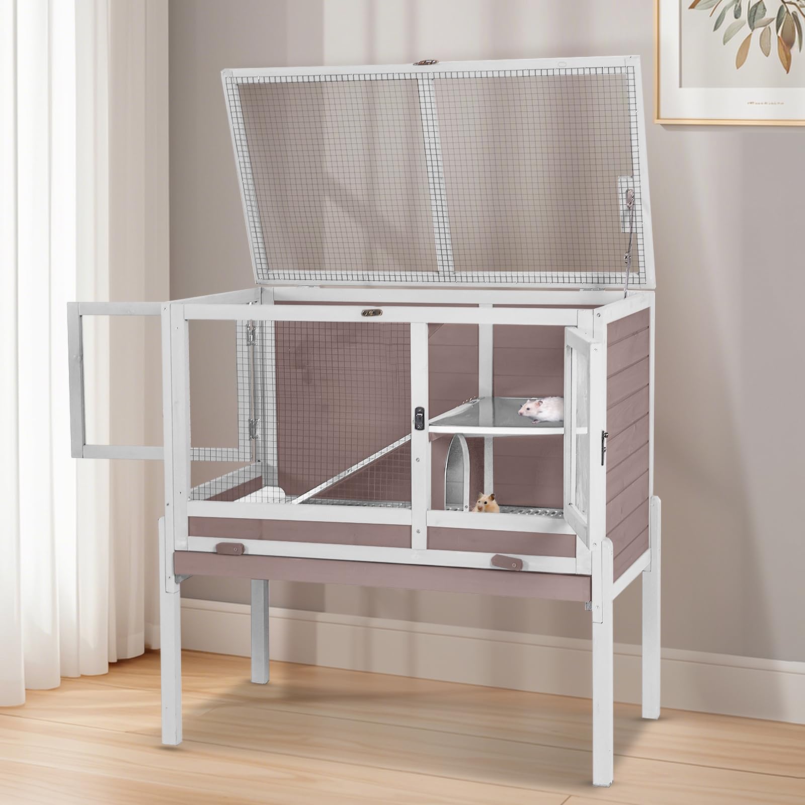 Wooden Guinea Pig Cages Indoor,Two-Story Wooden Rabbit Cage Hutch with Removable Stand and Pull Out Tray, Small Animals Cage Habitat with Ramp and Plastic Mesh(Brown&White)