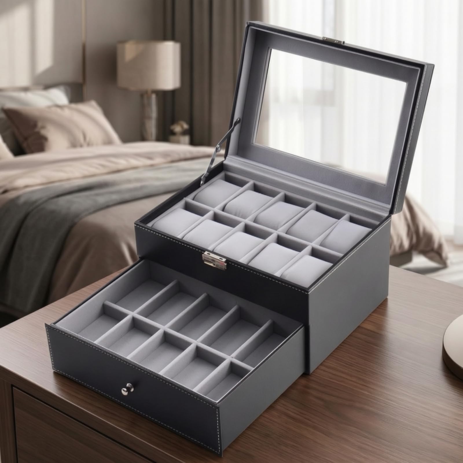 Organizador Relojes 20 Compartimentos Caja Relojes con Cajón Suave Reloj para Cómoda
