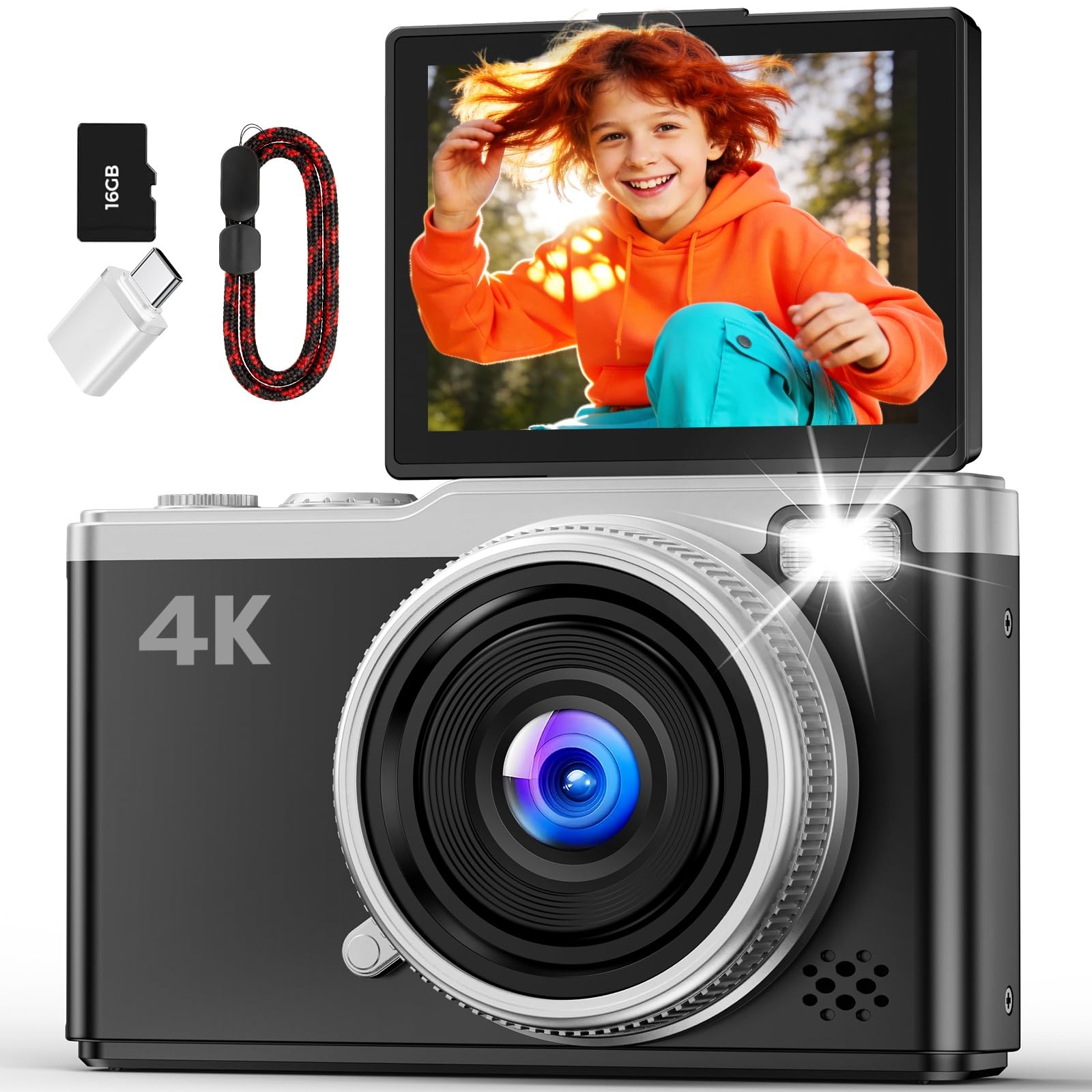 Appareil Photo Numérique 4K Digital - Maxmango 64MP Appareils Numérique avec Écran Rabattable 180° - 2.4" Camera pour Vlog avec Carte 16GB - pour Débutants, Adolescents, Vlogging - Noir