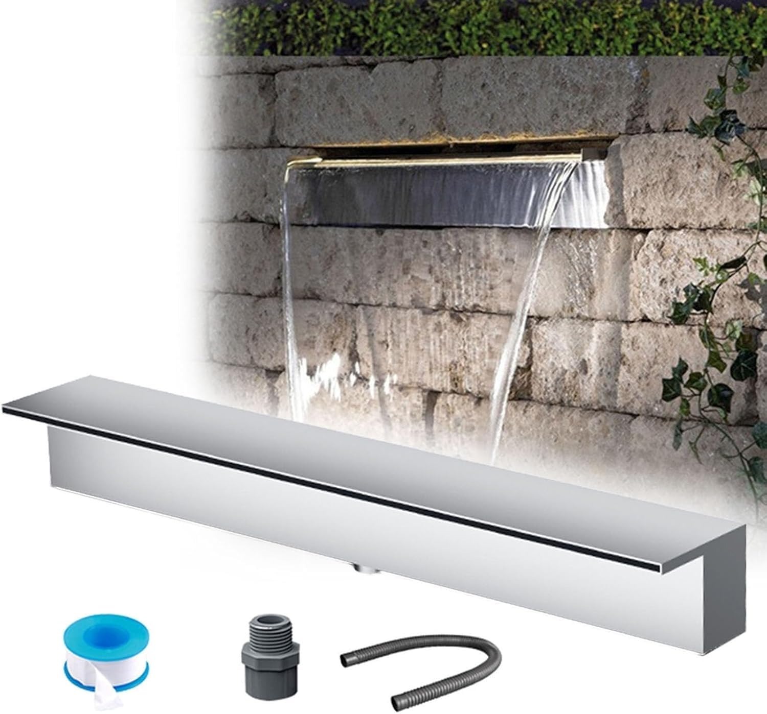 Kit per versamento a cascata, 110 cm, senza bisogno di pompa, lama argentata per giardino, patio e cortile, fontana rocciosa
