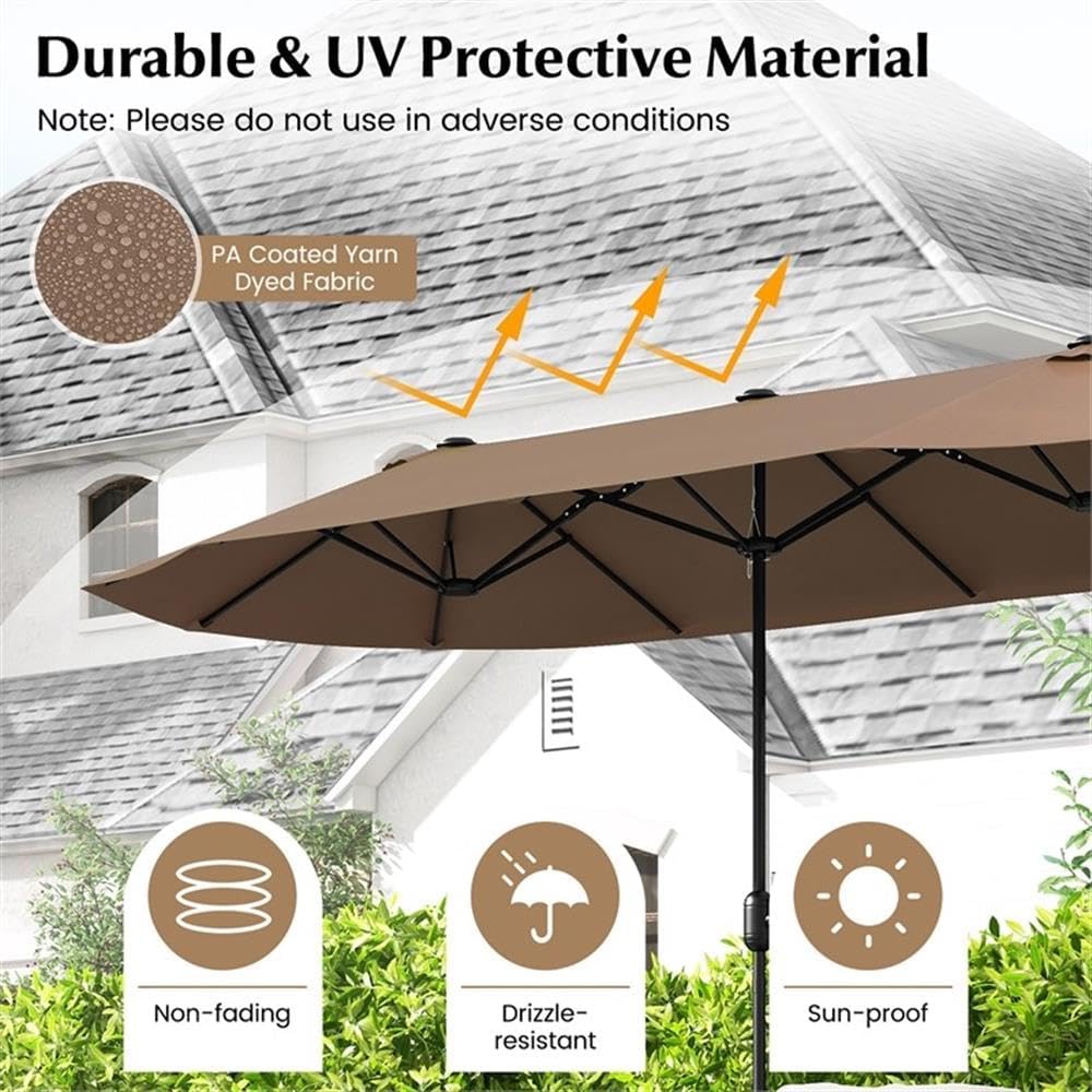 Pemberly Row 13FT Double-Sided Patio Umbrella, Tan PA-Coated Fabric, Crank Handle, Air-Vented Canopy, Heavy-Duty Frame, Sand-Fillable Base, Outdoor Use for Patios, Decks, Poolside Events