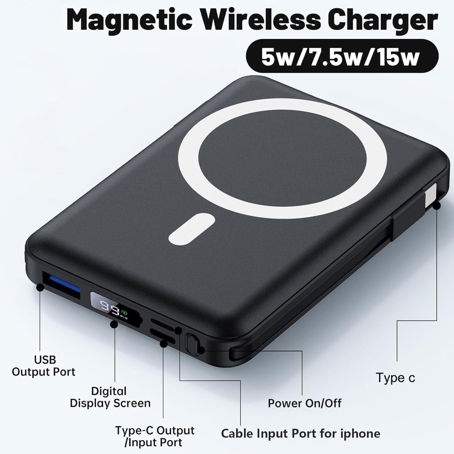Yiisonger per Magsafe Powerbank 10000mAh, Caricatore Portatile Magnetico Wireless 22,5W, Ricarica Rapida con Display LED e cavo di ricarica USB-C/Lighting per iPhone 16/15/14/13/12 Pro/Pro Max/Plus