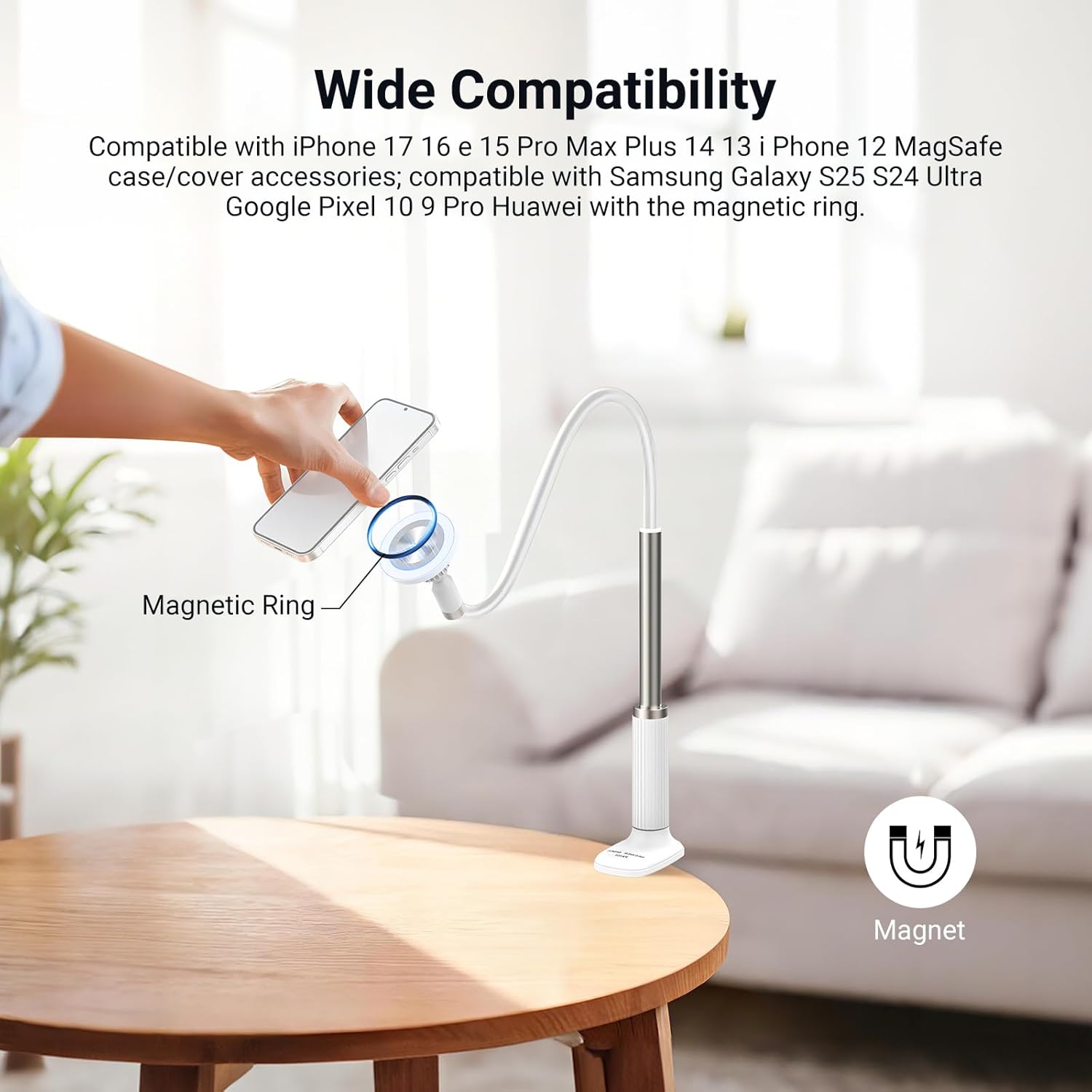 NEEWER Basics Magnetic Phone Stand for Desk, 360° Overhead Table Cellphone Holder Clamp Mount with Flexible Arm, Compatible with MagSafe iPhone Android Samsung for Bed Video Recording, PA151 White