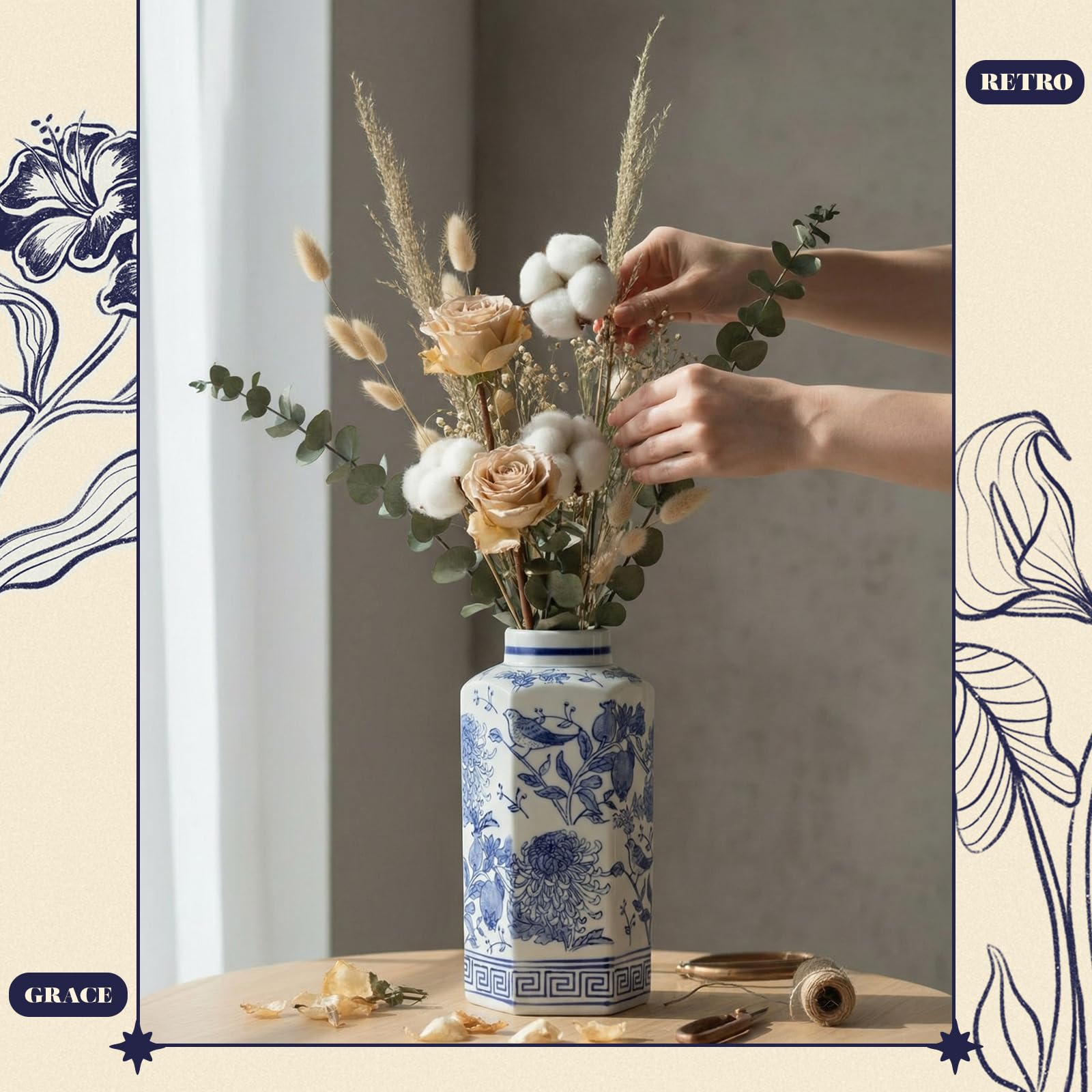 Amazon.com: Blue and White Ceramic Vase, Chinoiserie Flower Vase