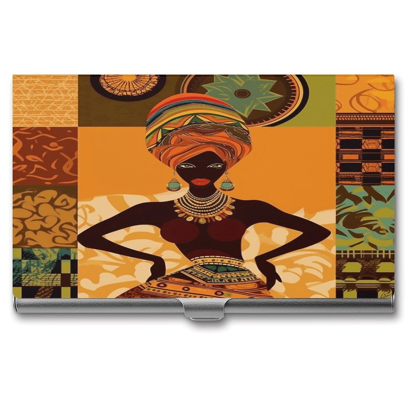 JTREHY African Woman Business Card Holder Slim Purse Name Card Holder Portable Metal Business Card Case Wallet Large Capacity Lightweight Business Card Case for Men Women