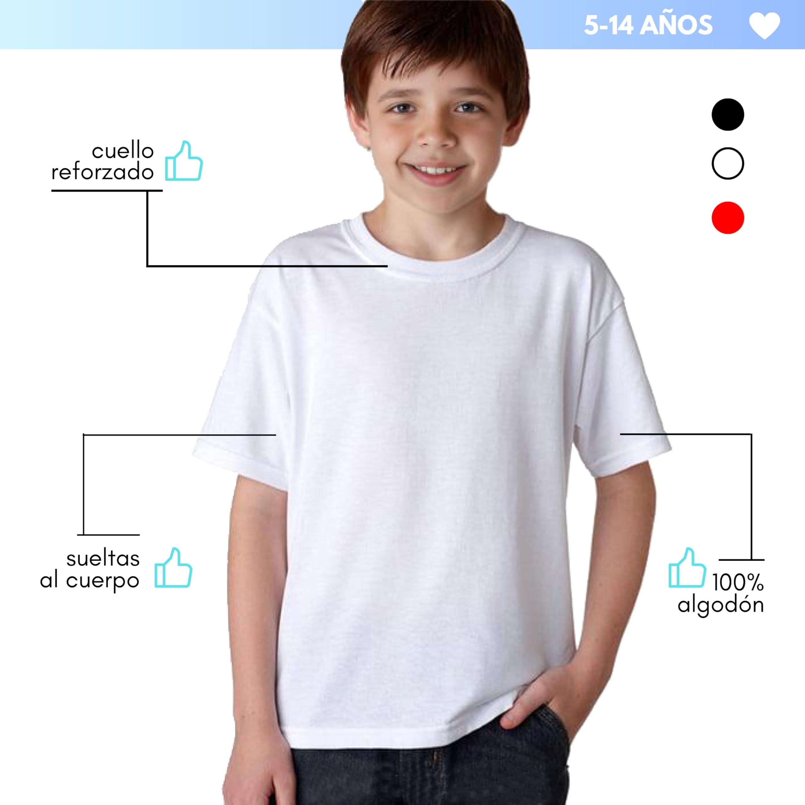 Camiseta Infantil 100% Algodón Manga Corta Cuello Redondo Unisex 1-2 Unidades Tallas 1-15 Años
