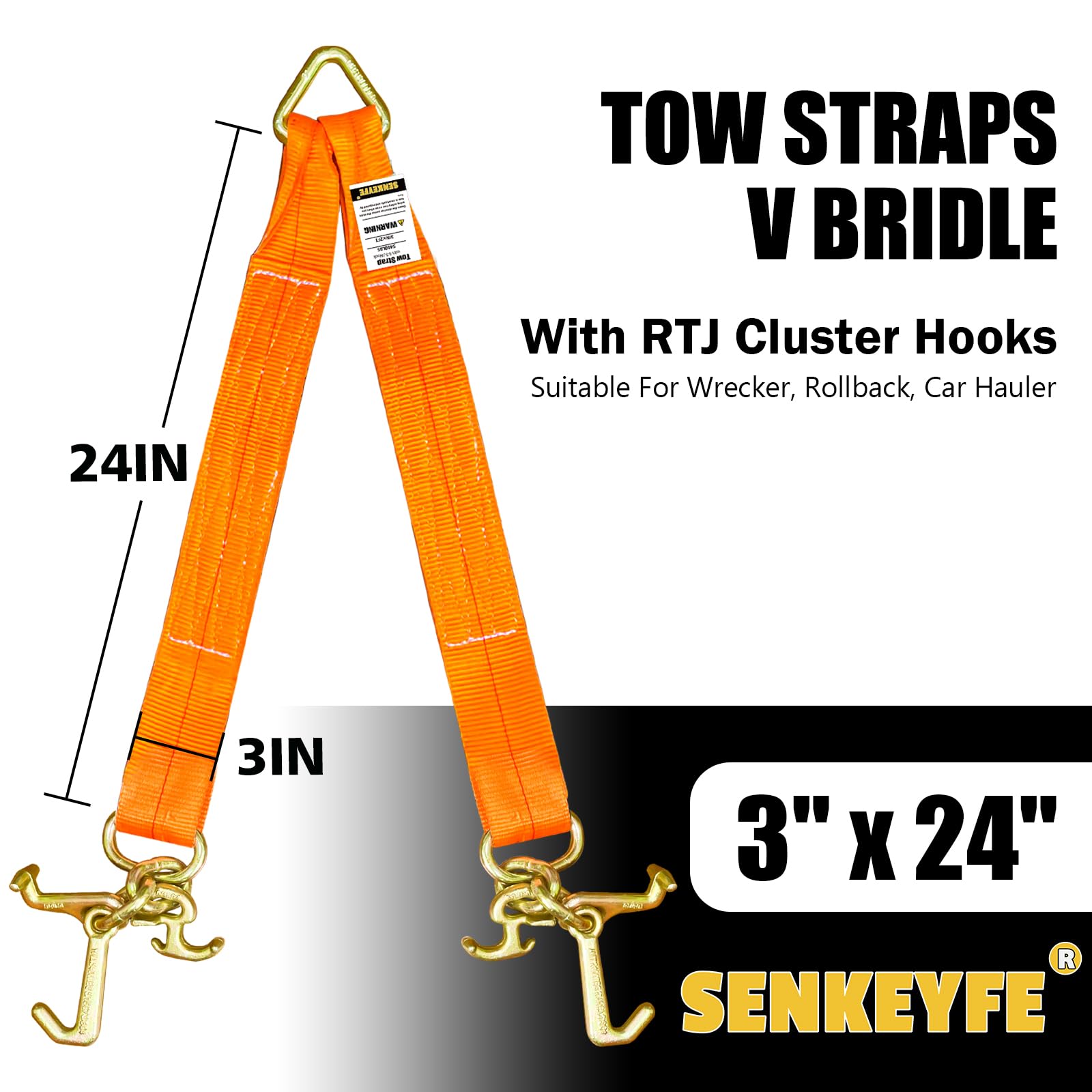 Abschleppgurte V Trense, 7,6 x 61 cm, Recovery V-Strap mit RTJ Cluster Haken, 2,449.4 kg RT Compact J Hook Recovery Trense, Abschleppgurt mit Haken für Wrecker, Rollback, Autotransporter