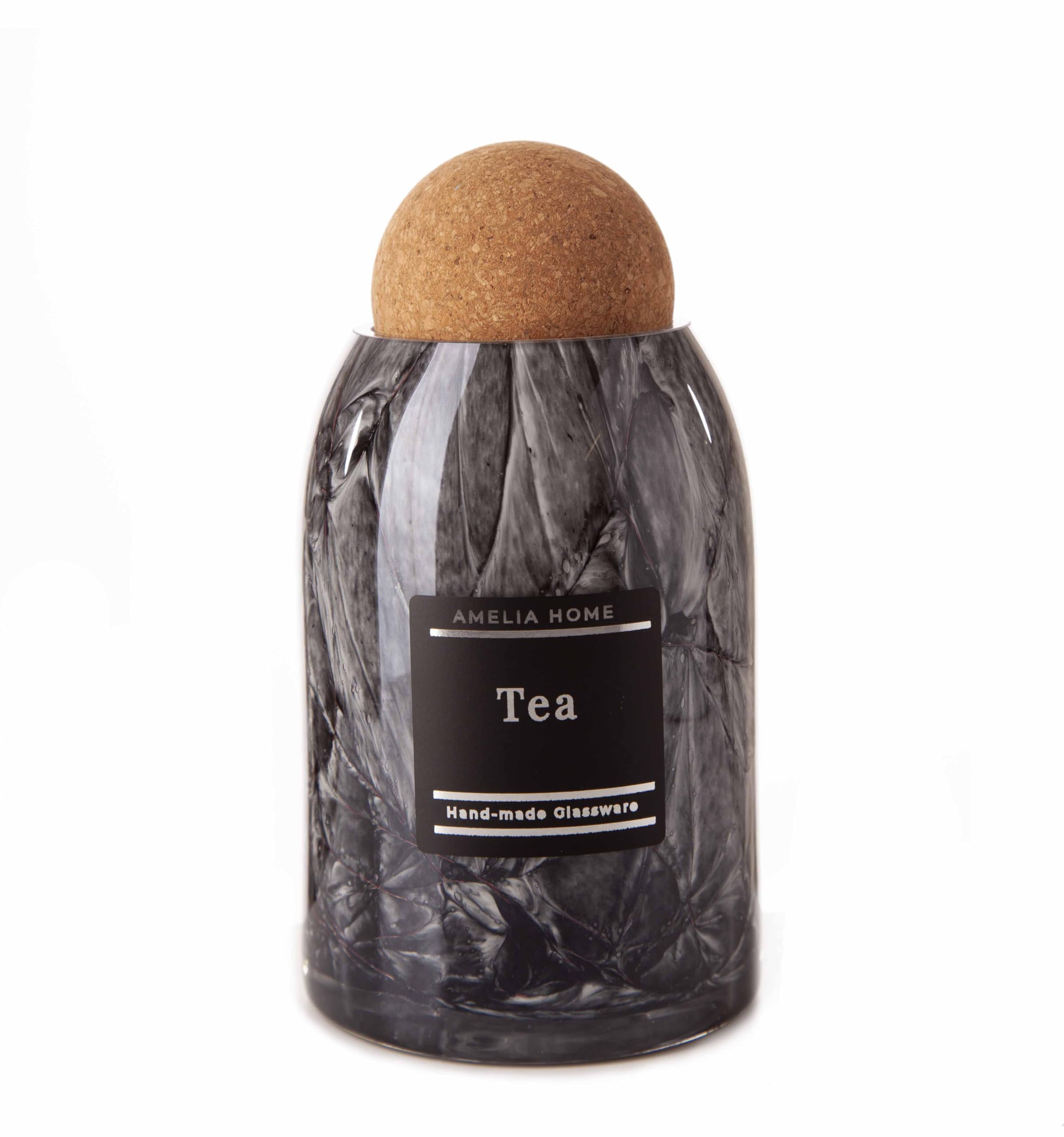 Amelia Art Glass Black And Grey Mouth Blown Glass Storage Jar With Cork Ball Lid, Decorative Kitchen Container - Black Marble