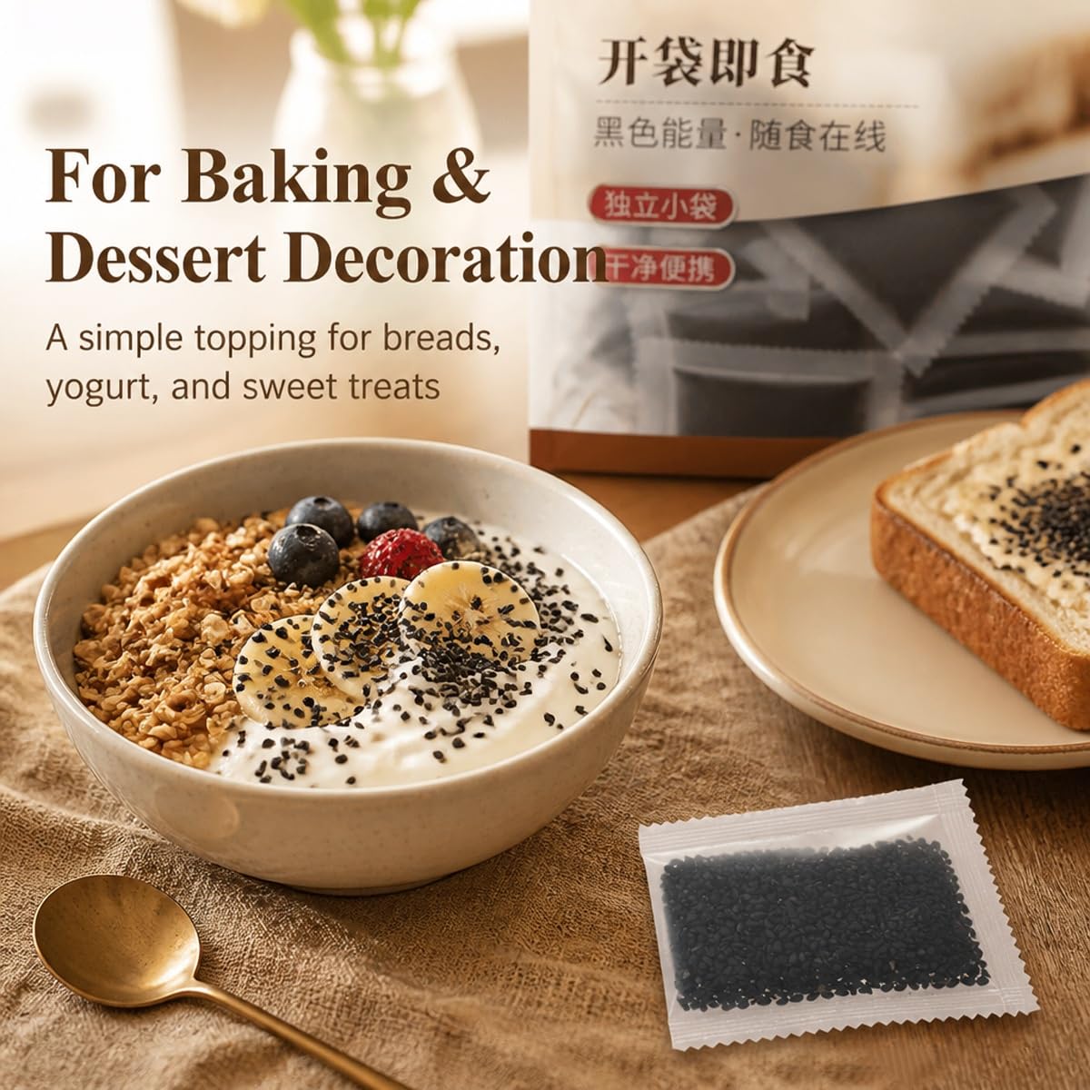 Semillas de Sésamo Negro Tostado Puro 200g - 40 Bolsitas Individuales | Condimento listo para comer. Porciones en sobre, crujiente para ramen, ensaladas, bento y guarniciones.(3pcs)