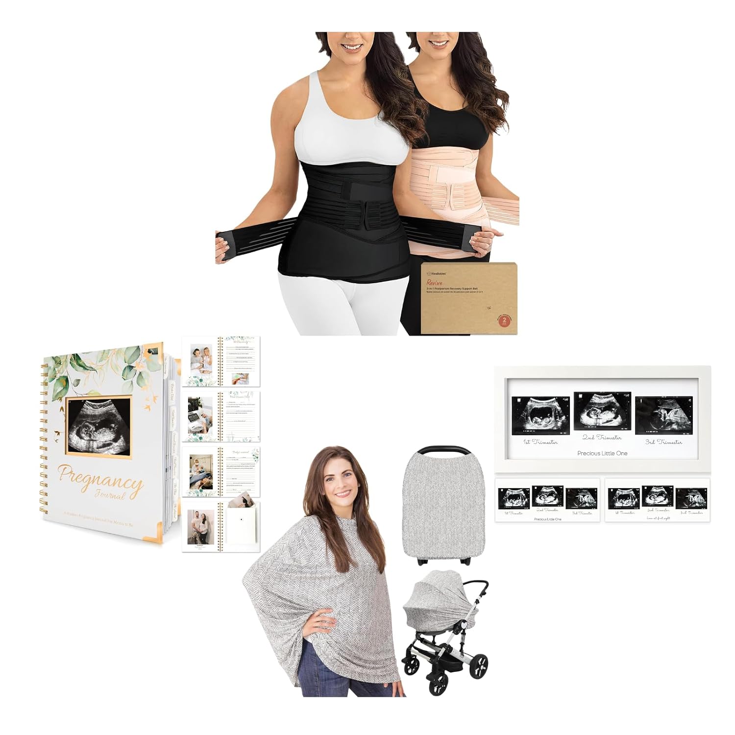 KeaBabies 3in1 Postpartum Belly Band with Pregnancy Journal, Multi-Use Nursing Cover for Breastfeeding, and Trio Baby Ultrasound Sonogram Frame - Thoughtful Keepsake and Care Gift Set for Moms