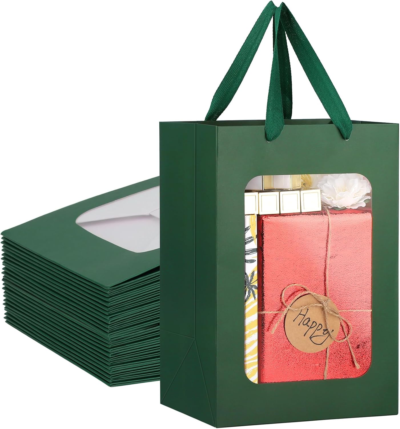 EUSOAR Gift Bags with Transparent Window, 20pcs 7.9"x6.3"x11.8" Kraft Paper Shopping Bags, Boutiques Retail Stores Flower Wrapping Bag Birthday Wedding Bag for Corporate Events Party Favor Festival