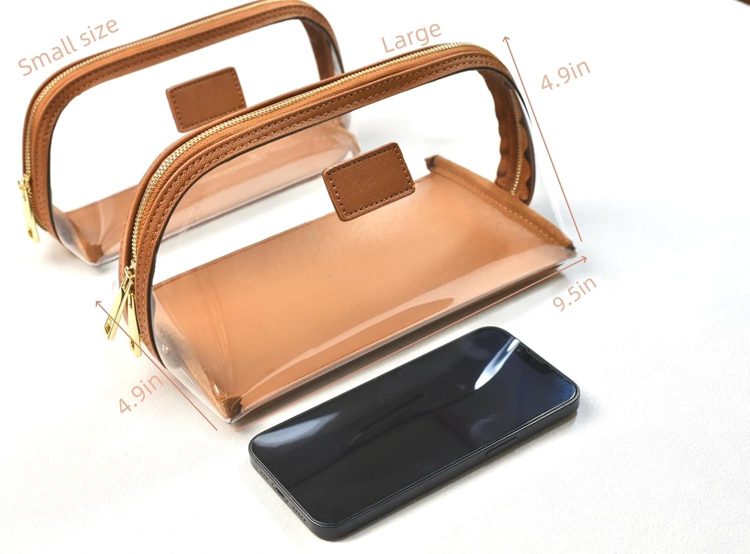 Clear Makeup Bag, Leather Makeup Case, Travel Toiletry Bag, Portable Cosmetic Bag, Transparent Waterproof Cosmetic Organizer Storage Bag (Brown, Large)