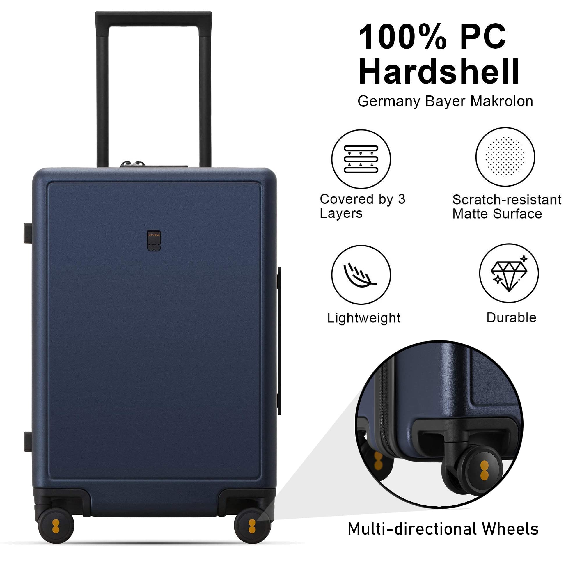 LEVEL8 Elegance Carry On Suitcase, 20” Hardside Luggage with TSA Lock, Spinner Wheels -Navy Blue, 20-Inch
