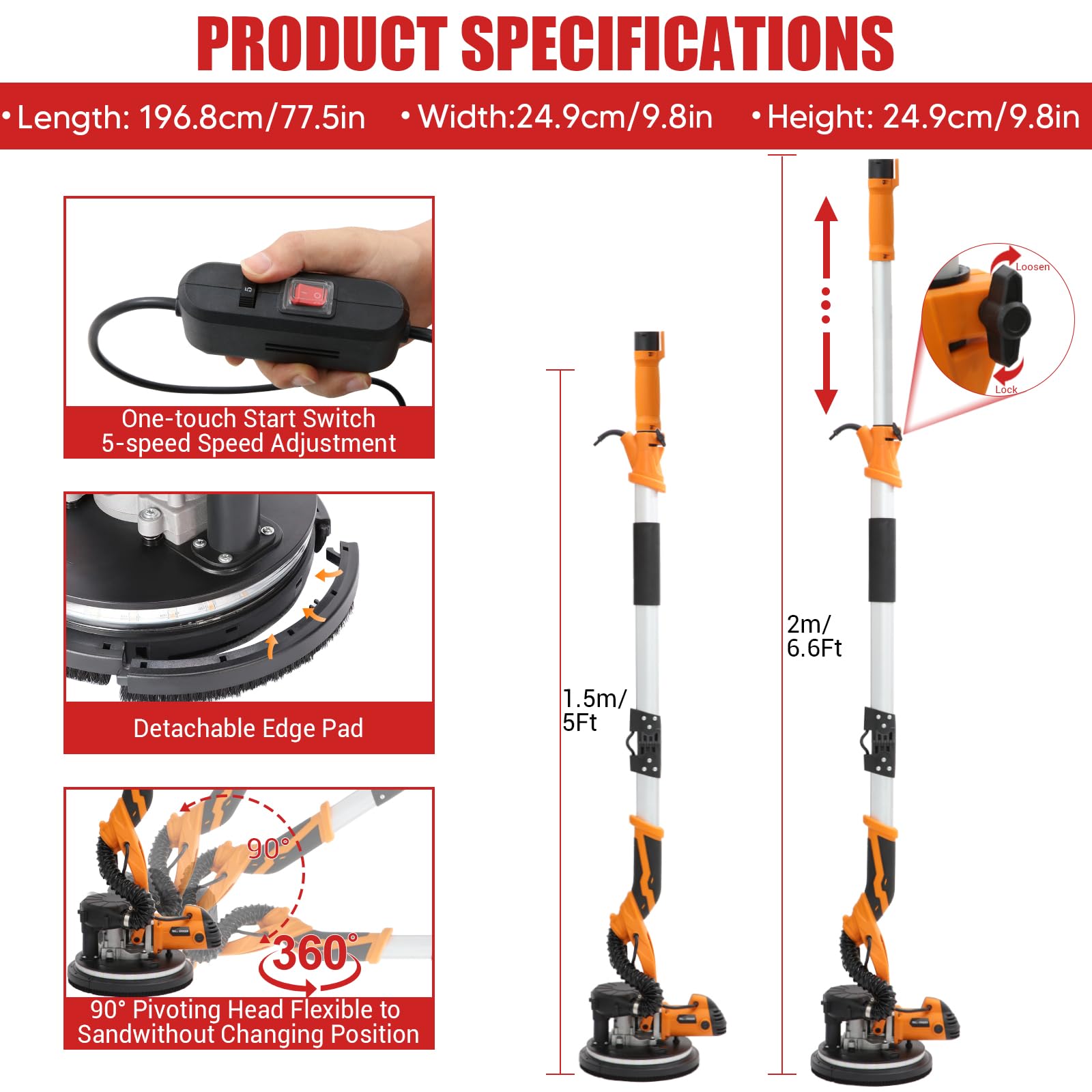Lijadora de paneles de yeso 1250 W – 5 velocidades 500 – 1800 rpm, diámetro 225 mm, disco de lijado, mango extensible, luz LED, extracción de polvo con manguera, incluye bolsa de