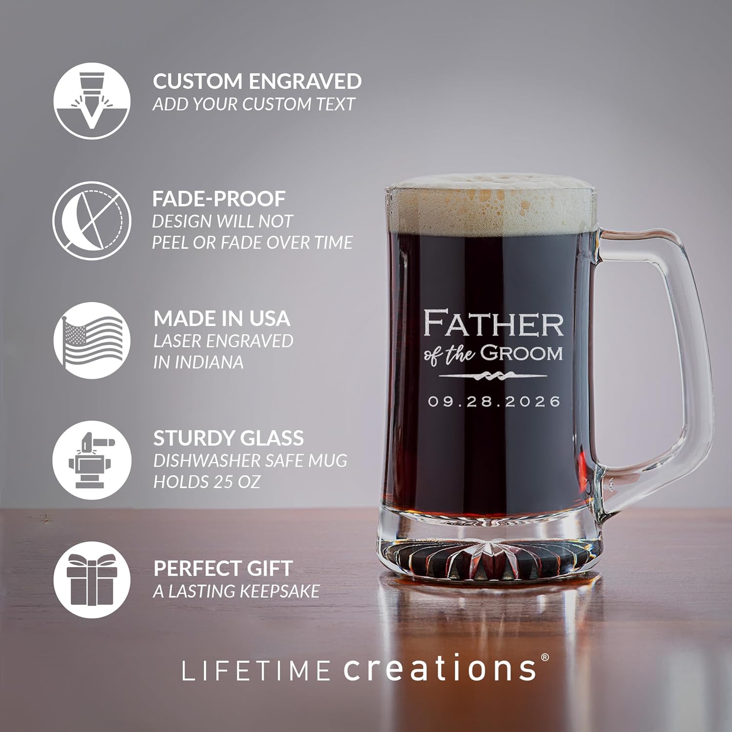 Lifetime Creations Engraved Personalized Father of the Groom Beer Mug 25 oz - Beer Stein Wedding Gift for Dad, Dishwasher Safe, Made in USA