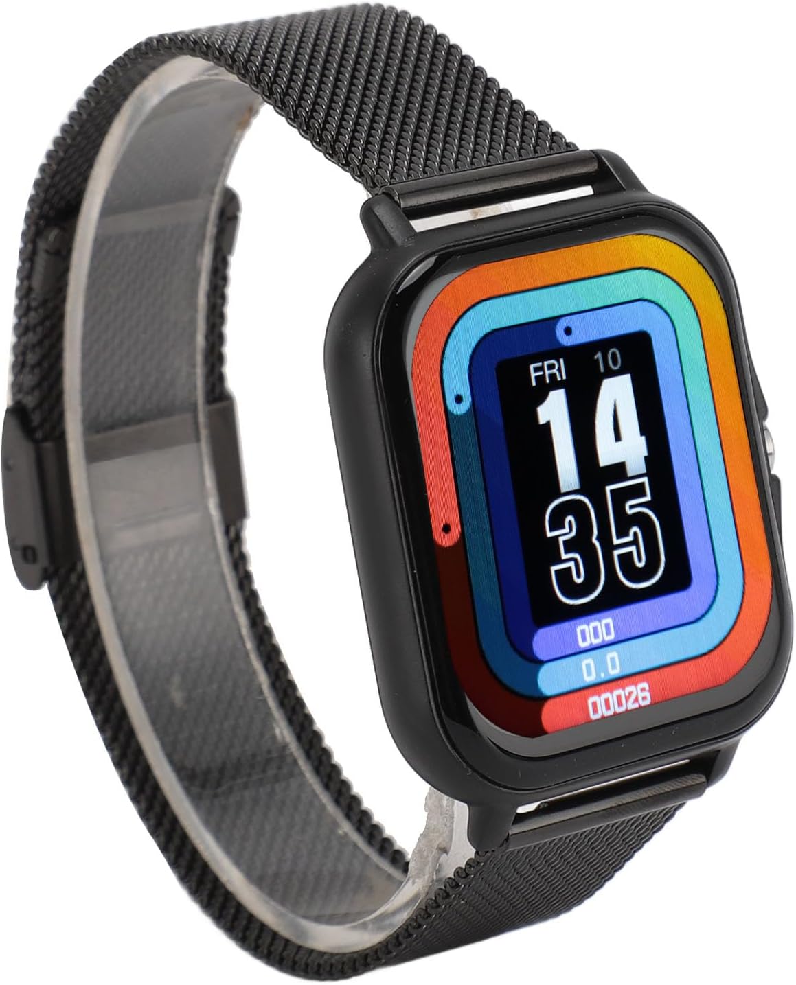角度付き view of the Y13 Smart Sports Watch showing the side button and the black mesh strap.