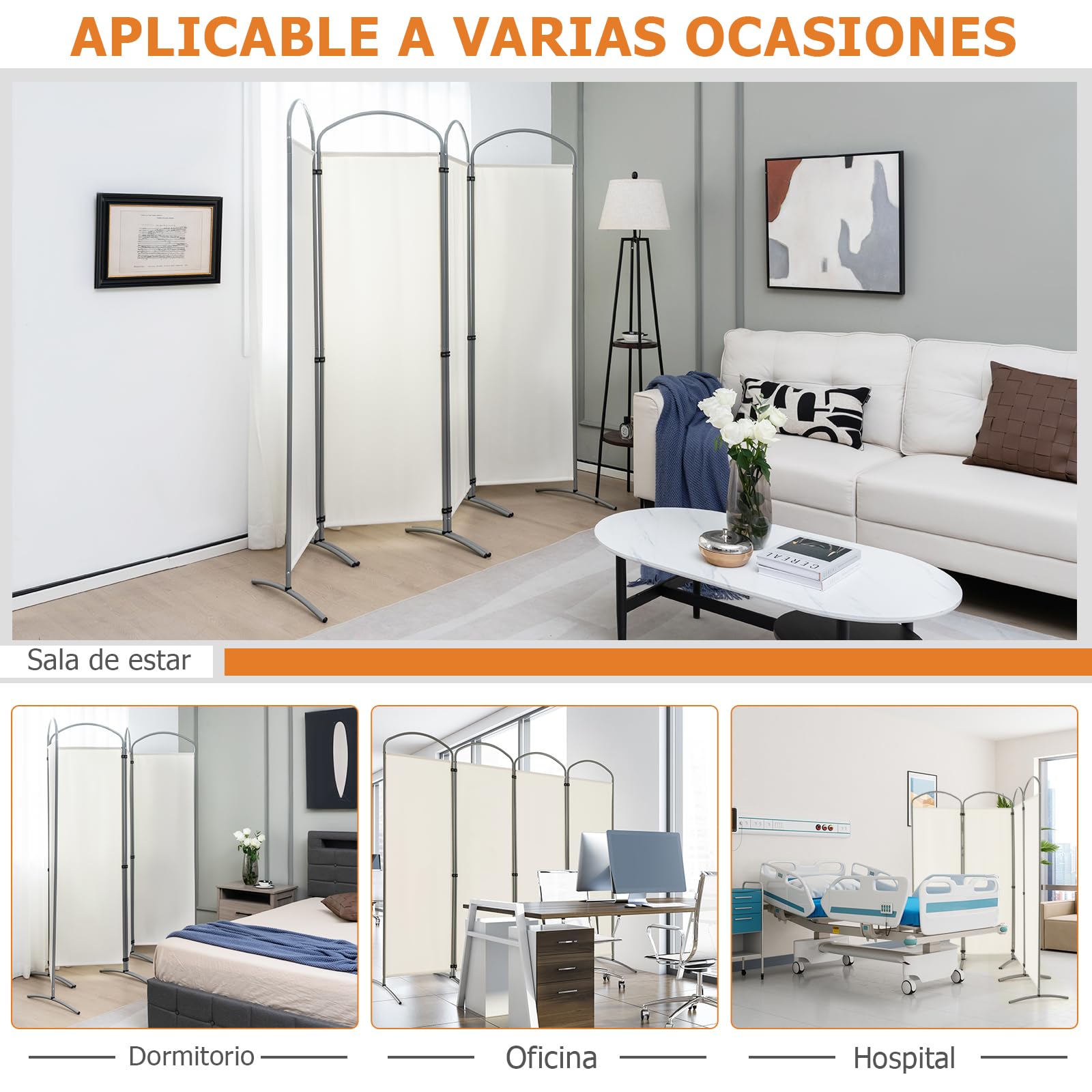 GOPLUS Biombo Separador de Ambientes de 6/4 Paneles, Biombo Plegable para Privacidad con Marco de Metal, Divisor de Habitación Portátil para Salón Dormitorio Oficina (Blanco, 4 Paneles, 221 x 188 CM)