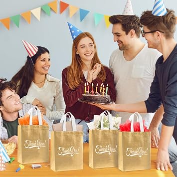 30PCS Thank You Gift Bags with Handles 10 H x 8 L x 4 W In, Gold | Reusable Thank You Return Gift Bags with Handles, Bulk Nonwoven Bag for Business, Shopping, Wedding, Baby Shower, Graduations