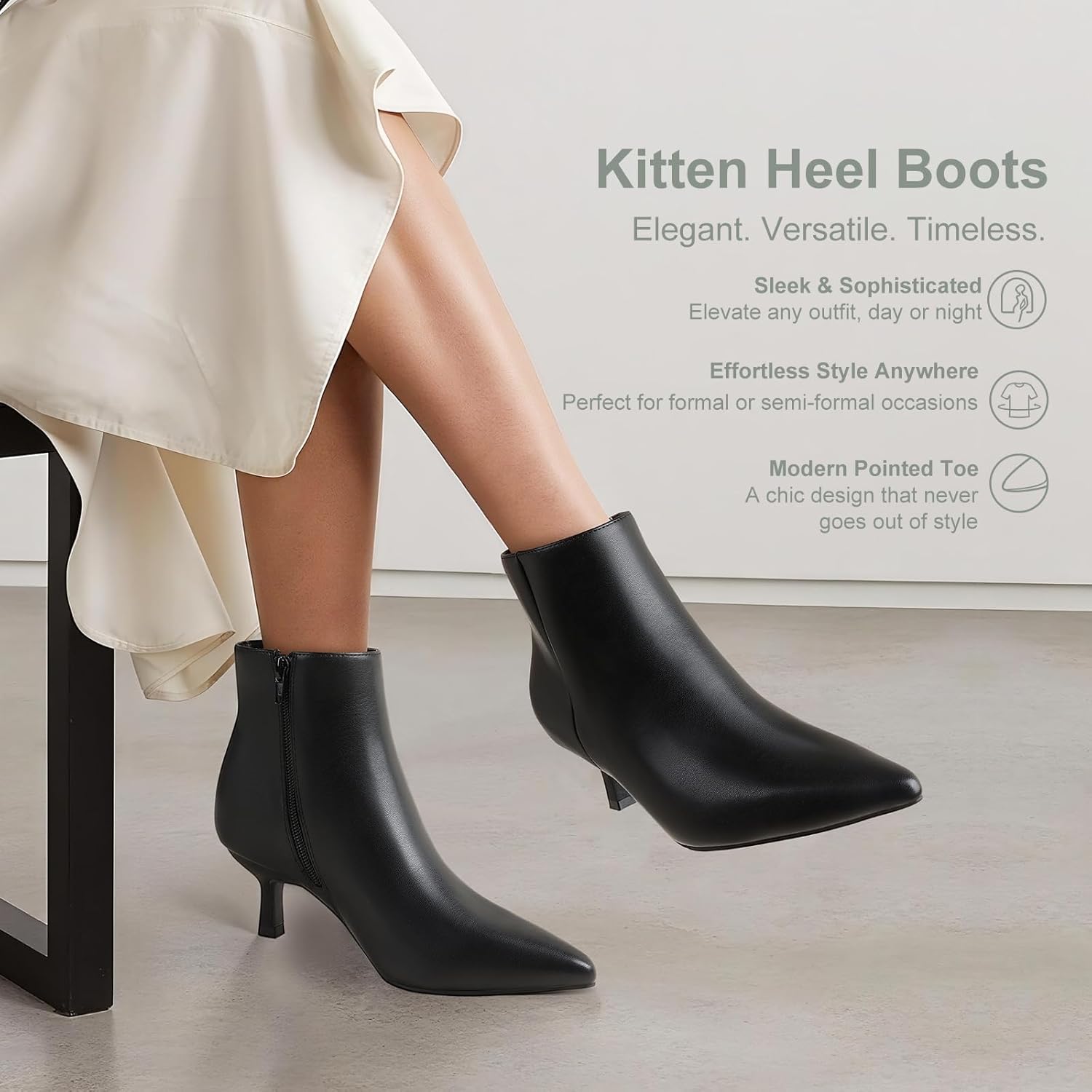 Kitten Heel Ankle Boots for Women - Black Kitten Heels Ankle Booties Womens Winter Fall Boots for Women 2025, Dress Shoes, Pointed Toe, Side Zipper, Memory Foam, Leather, Low Heel, Short Boots Comfortable - Image 5