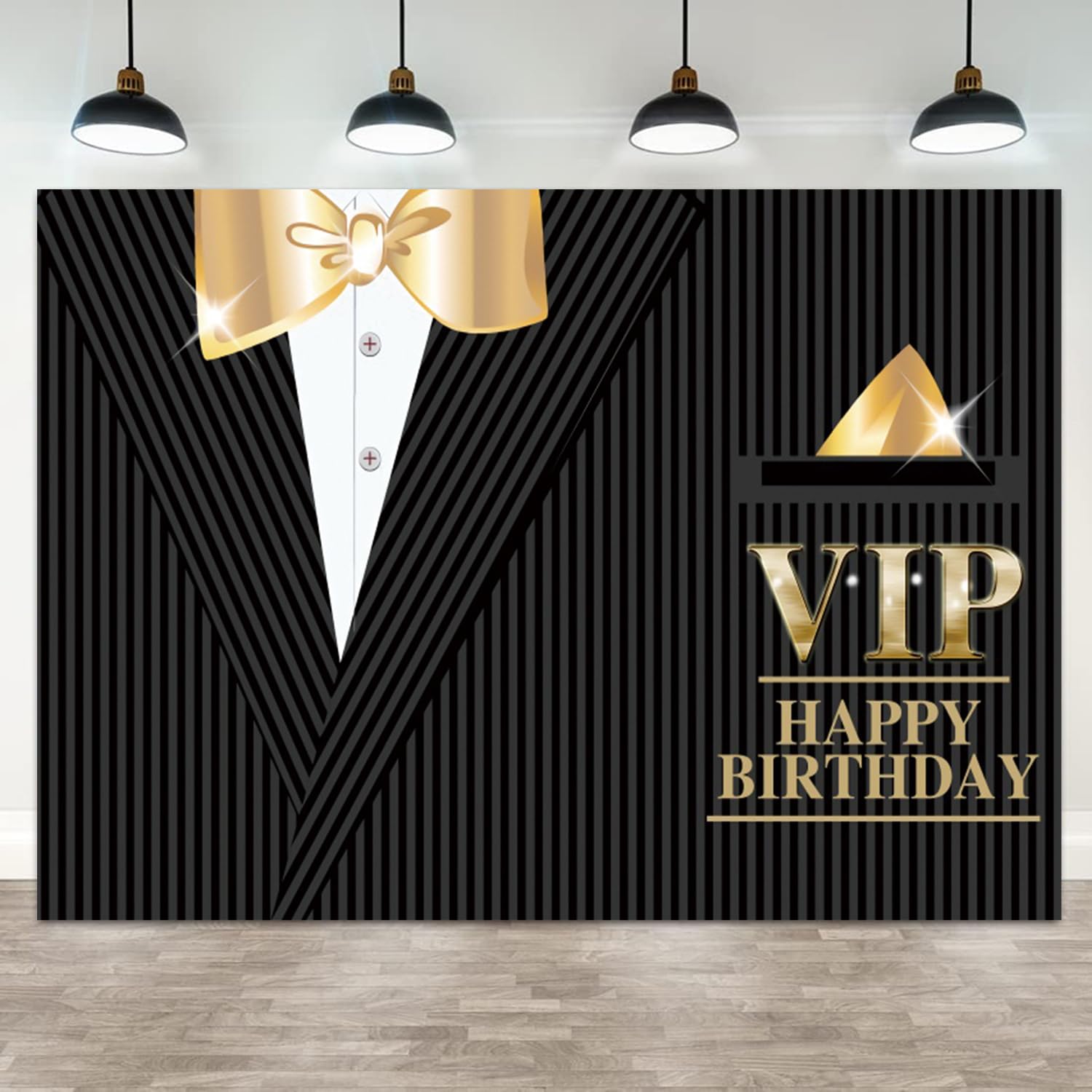 ASDCXZ 12x8ft Happy Birthday Backdrop VIP Photography Background Gentleman Black Tuxedo Suits White Shirts Gold Bow Tie Men Birthdays Party Banner